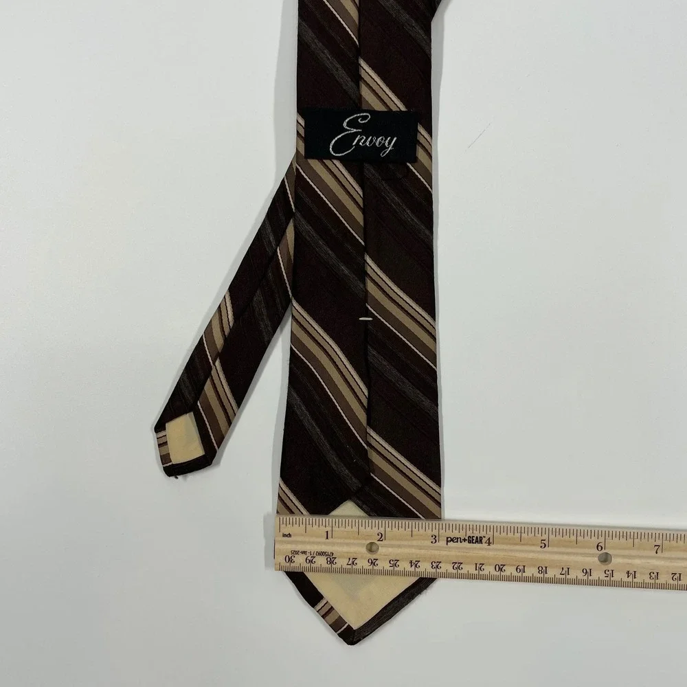 Envoy Brown Tan Diagonal Striped Silk Blend Necktie Mens OS